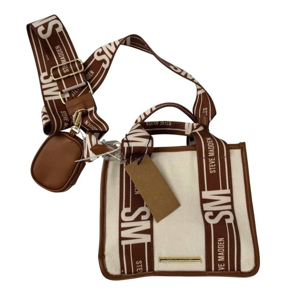 NWT Steve Madden BWebber Canvas Satchel Bag Cream Natural Crossbody Logo Strap